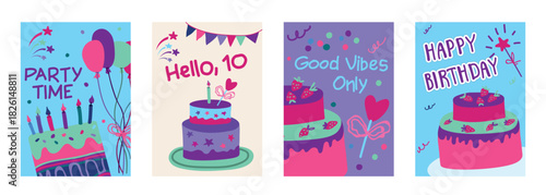 Vibrant birthday cake illustration pack featuring layered desserts, balloons, sparkles and cheerful lettering, fun celebratory vector collection for party themes