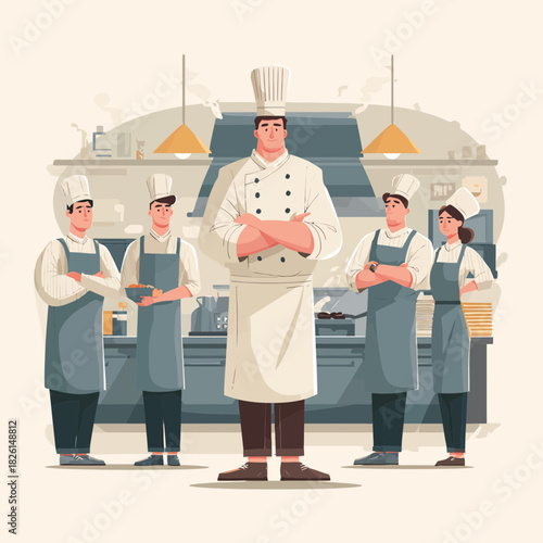 Chefs team standing in a kitchen with crossed arms