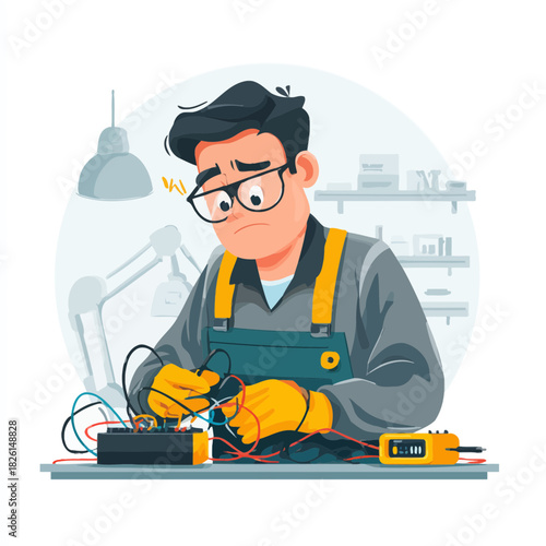 Concerned technician troubleshooting electrical circuit problem