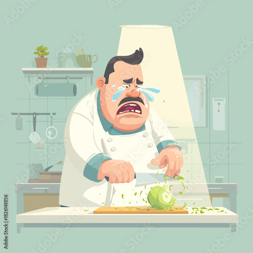 Crying chef chopping onions in a well lit kitchen setting