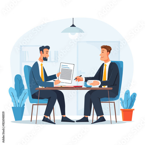 Two businessmen signing a contract at office table