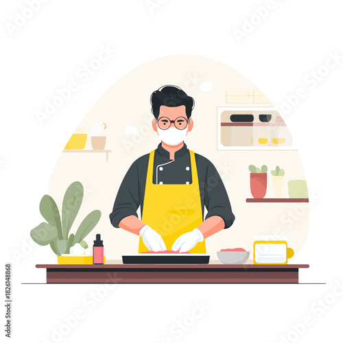 Chef wearing mask and gloves preparing food in kitchen concept