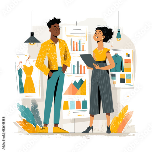 Two fashion designers in discussion during a client meeting