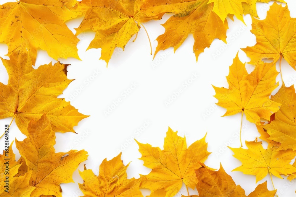 Fototapeta premium Golden autumn maple leaves frame against white background Seasonal fall on transparent background