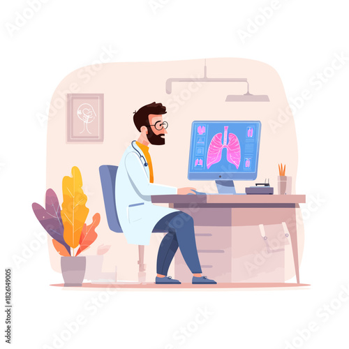Doctor Analyzing Lungs on Computer Screen in Medical Office