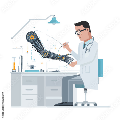Doctor assembling a robotic arm in a lab with advanced technology