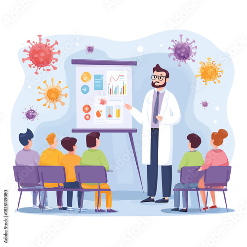 Doctor explaining health information to group in classroom setting