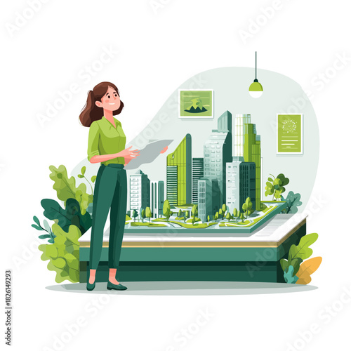 Woman architect with urban city model and blueprint presentation