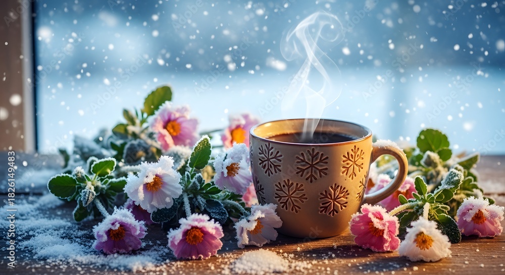Fototapeta premium Cozy winter scene with hot drink flowers and snowfall outside window
