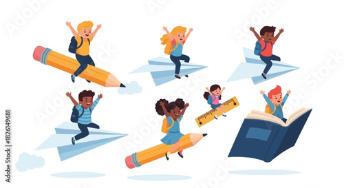 Back to School: Children Flying on School Supplies for an Educational Adventure Concept