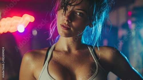 Dynamic fitness training female athlete in dark neon cyber gym fat-burning workout glowing purple environment