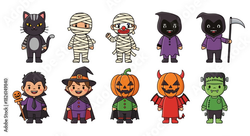 Halloween Characters Set: Cute Vector Illustration of Costumed Kids for October Festivities