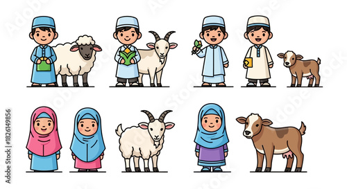Cute Muslim kids celebrating Eid al-Adha with various sacrificial animals vector illustration