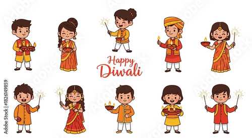Cute Kids Celebrating Diwali Festival with Sparklers and Oil Lamps in Traditional Clothing