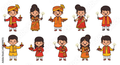 Celebrating Diwali: Diverse Group of Kids in Traditional Clothing with Sparklers and Diyas