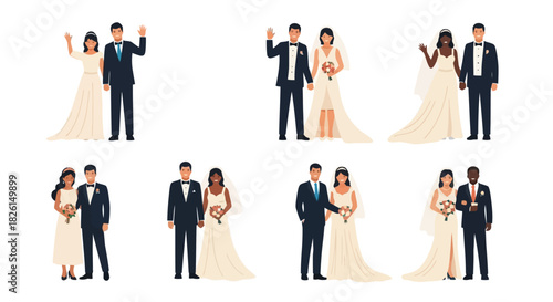 Diverse wedding couples in vector illustration, interracial marriage ceremony with brides and grooms