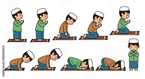 Muslim boy praying vector illustration set, showing different poses and positions in cartoon style