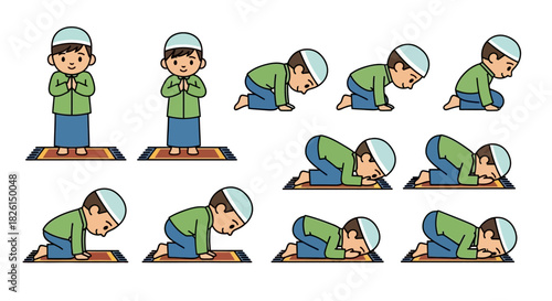 Muslim boy praying vector illustration set demonstrates religious reverence and cultural heritage.