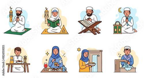 Ramadan Activities Vector Illustration Set: Praying, Reading Quran, Eating, Fasting, and More