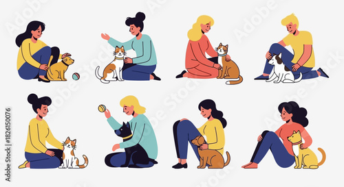 People with their pets vector illustration set, cartoon style: Cats, dogs, and their owners