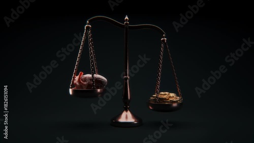 Cinematic 4K loop of a vintage balance scale with a beating human heart on one side and stacks of gold coins on the other, representing emotional value, love versus money, and human priorities.