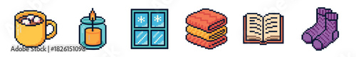 Collection of pixel art game assets featuring cozy winter items like a hot chocolate mug, thermos, snowy window, pastry, open book, and knitted scarf in a retro 8-bit style