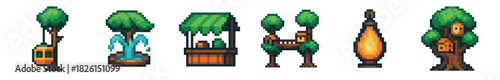 Pixel art set of fantasy game objects including a treehouse, fountain, market stall, lantern, bridge, and gondola for a retro video game design or digital project