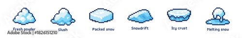 Set of six pixel art snow icons showing different types of winter precipitation like fresh powder, slush, and melting snow in a retro 8-bit video game style