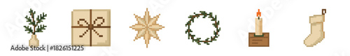 Set of pixel art Christmas icons featuring a gift, stocking, candle, wreath, ornament, and pine branch for a festive, retro video game style holiday celebration