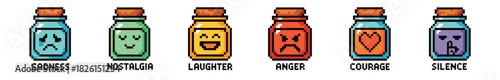 Set of colorful pixel art bottles containing different emotions like sadness, nostalgia, laughter, and anger, designed in a retro 8-bit video game style with expressive labels