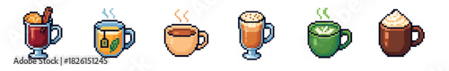 Set of pixel art hot drinks including coffee, tea, matcha, mulled wine, and hot chocolate in various mugs and glasses, illustrated in a retro 8-bit video game style