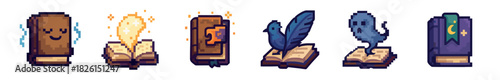 Pixel art set of magical book icons including a glowing spellbook, enchanted quill, ghost writer, and fantasy tomes for a retro video game