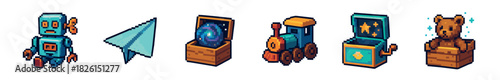 Set of six retro pixel art toy icons with a wind-up robot, steam train, and music box, illustrated in a colorful isometric 8-bit video game aesthetic for digital assets