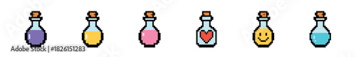 Pixel art set of six magic potions in glass bottles with cork stoppers, including love, happiness, and colorful elixirs for a retro 8-bit video game or fantasy design