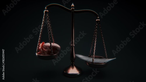 Cinematic 4K loop of a vintage balance scale swinging with a beating human heart on one side and a white feather on the other, referencing purity, morality, innocence, and the symbolic weighing of the