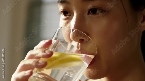 Young Asian woman drinking refreshing drink.