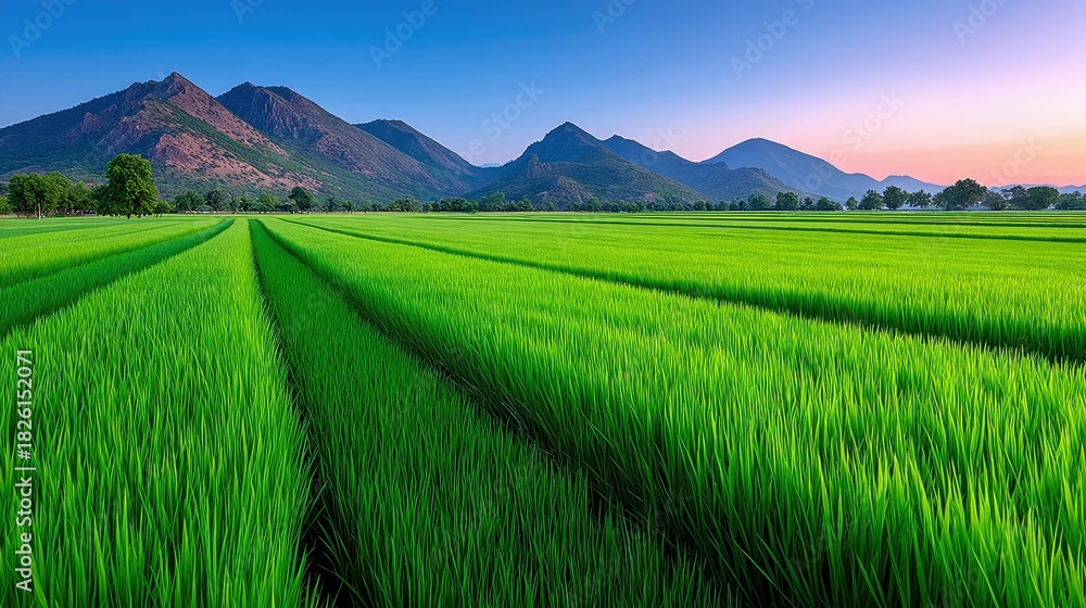 Fototapeta premium A panoramic view of lush green rice paddies with distinct rows, leading towards majestic mountains on the horizon. The sky displays a gradient of blue and soft