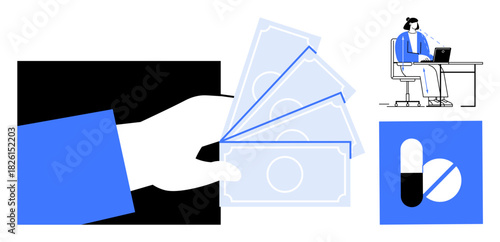 Healthcare payments. cash exchange, remote medical assistance, and pharmaceutical icons. Healthcare payments integrating finance, technology, and medicine. For online healthcare, fintech