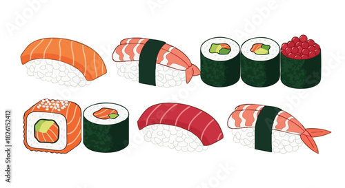 Deluxe Japanese Sushi Variety Pack Illustration featuring Nigiri (Salmon, Tuna, Shrimp), Maki, Uramaki, Gunkan Rolls, and Ikura Roe - Asian Seafood Collection for Restaurant Menu and Branding