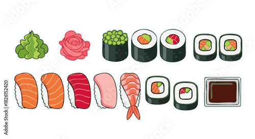 Comprehensive Japanese Sushi and Sashimi Icon Set Illustration Featuring Wasabi, Pickled Ginger, Gunkan Maki, Nigiri (Salmon, Tuna, Shrimp), Uramaki, and Soy Sauce Dish - Food Vector Pack