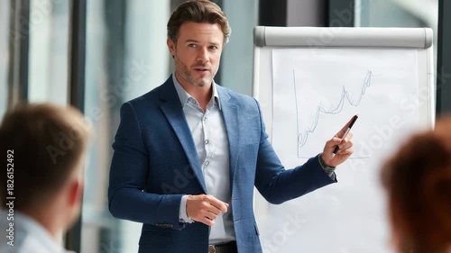 Male business coach presenting strategies at a corporate workshop using a flipchart in a modern conference room during daylight hours