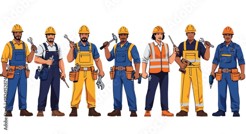 Team of construction workers in uniform standing together, diverse professional tradesmen