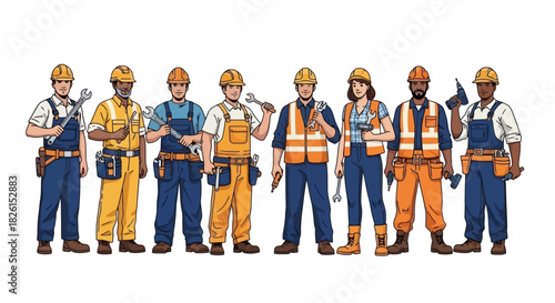 Team of Dedicated Construction Workers Vector Illustration, Ready to Build and Repair Together