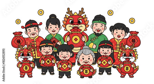Cartoon Chinese New Year family with dragon and coins. Celebrate the year of the Dragon.