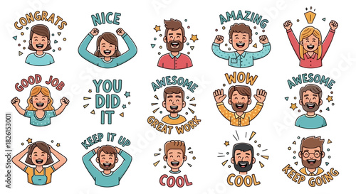 Cartoon People Stickers: Vector Illustration Set of Encouragement for Motivation, Congrats