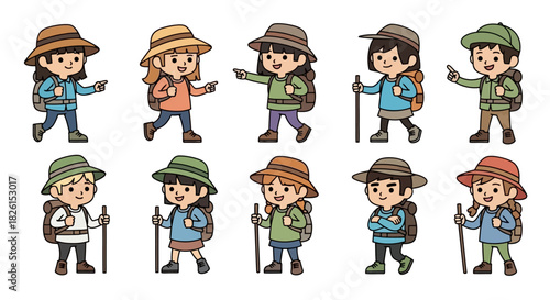 Cartoon hiker children with backpack, stick walking and pointing, vector illustration set