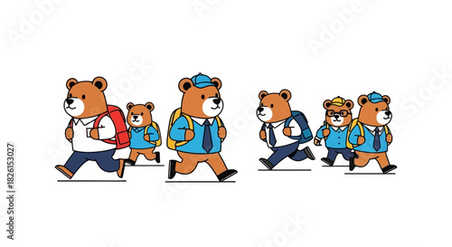 Cartoon Bear Students: School Bears with Backpacks Heading to Class - Vector Illustration