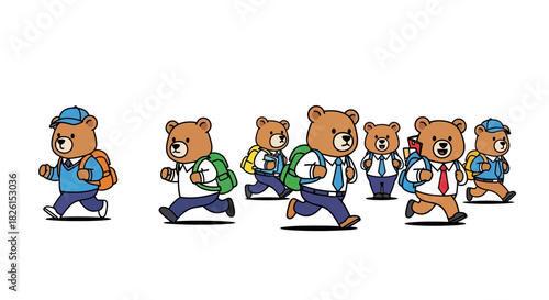 Adorable Cartoon Bear Students Heading to School in Uniforms Vector Illustration
