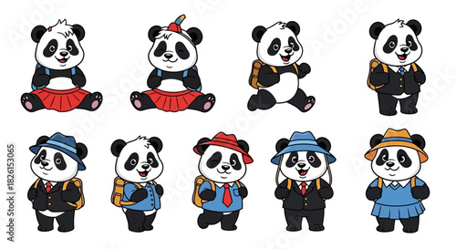 Back To School Panda Vector Illustration Set: Cute and Funny Animal Characters in Uniforms