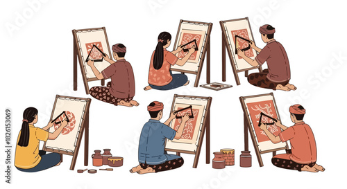 Batik artists create traditional designs using canting tools, illustrating cultural heritage